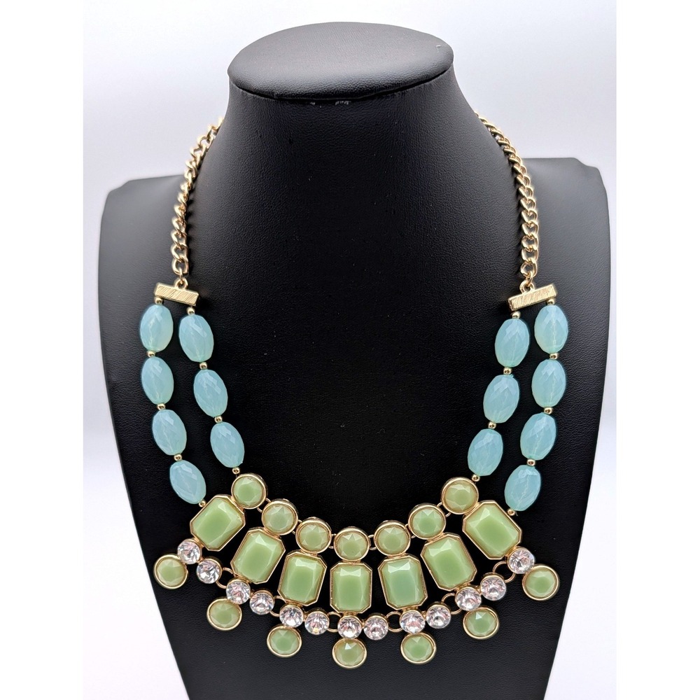 Gold Tone Mint Green Seafoam Blue Statement Bib Necklace Rhinestone Accents